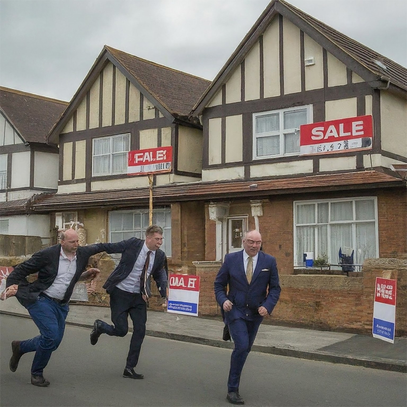 war against landlords men running away from houses with for sale signs